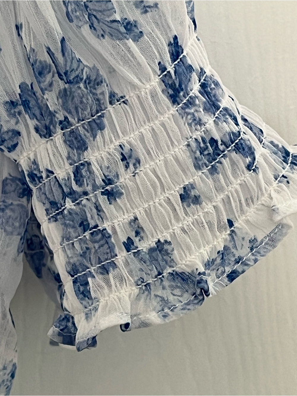 CeCe White and Blue Floral Pintuck V-Neck Blouse - Picture 5 of 8